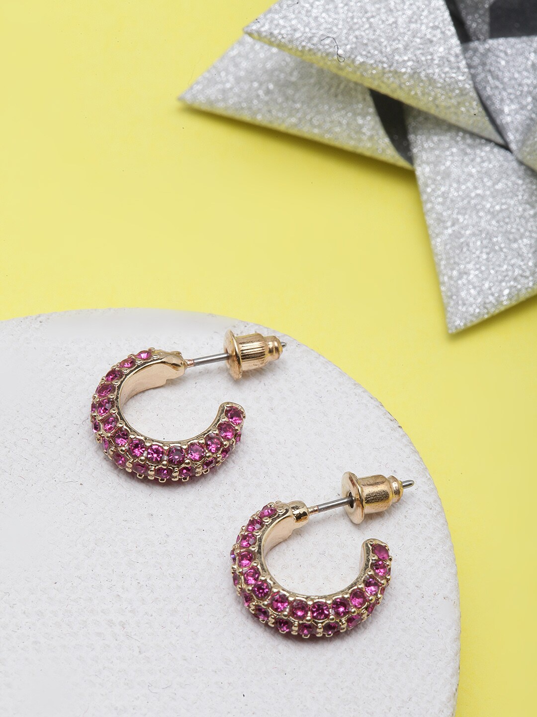 

DIVA WALK Gold-Plated Rhinestone Studded Half Hoop Earrings, Pink