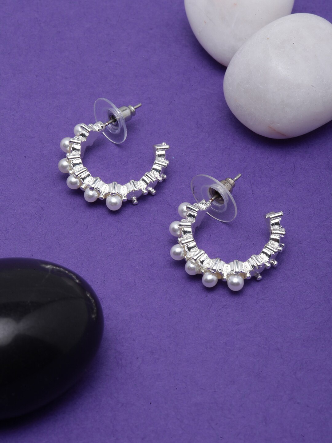 

DIVA WALK Silver-Plated Beaded Circular Half Hoop Earrings, White