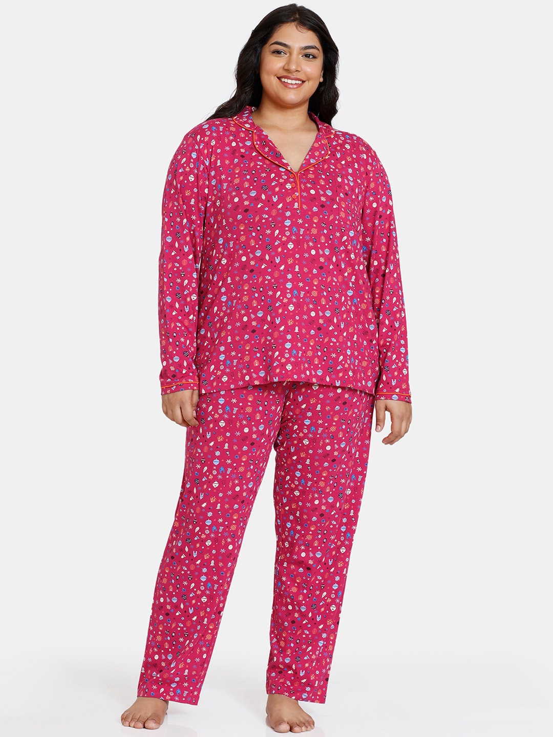 

Zivame Plus Size Conversational Printed Pure Cotton Night Suit, Pink