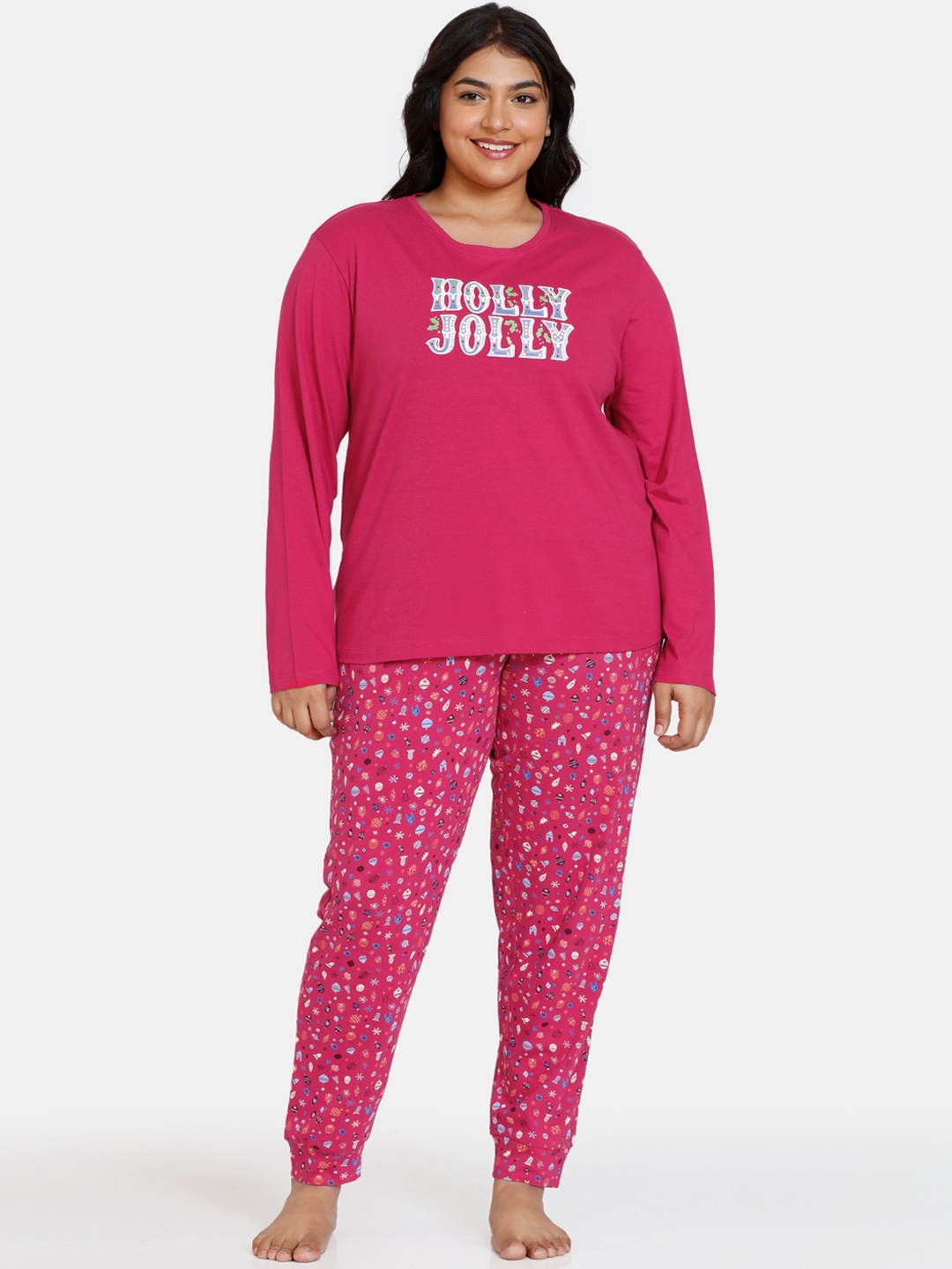 

Zivame Plus Size Conversational Printed Pure Cotton Night Suit, Pink