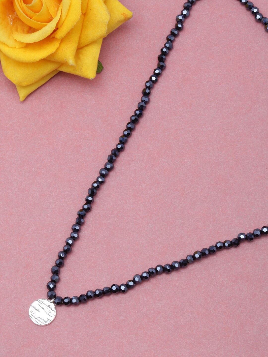 

DIVA WALK Brass Silver-Plated Beaded Chain Necklace, Black