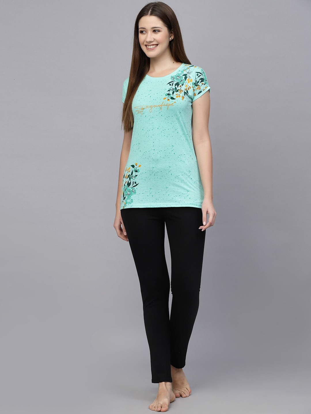 

BROOWL Floral Printed Pure Cotton Night Suit, Turquoise blue