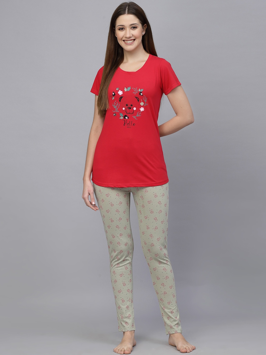 

BROOWL Graphic Printed Pure Cotton Night Suit, Red