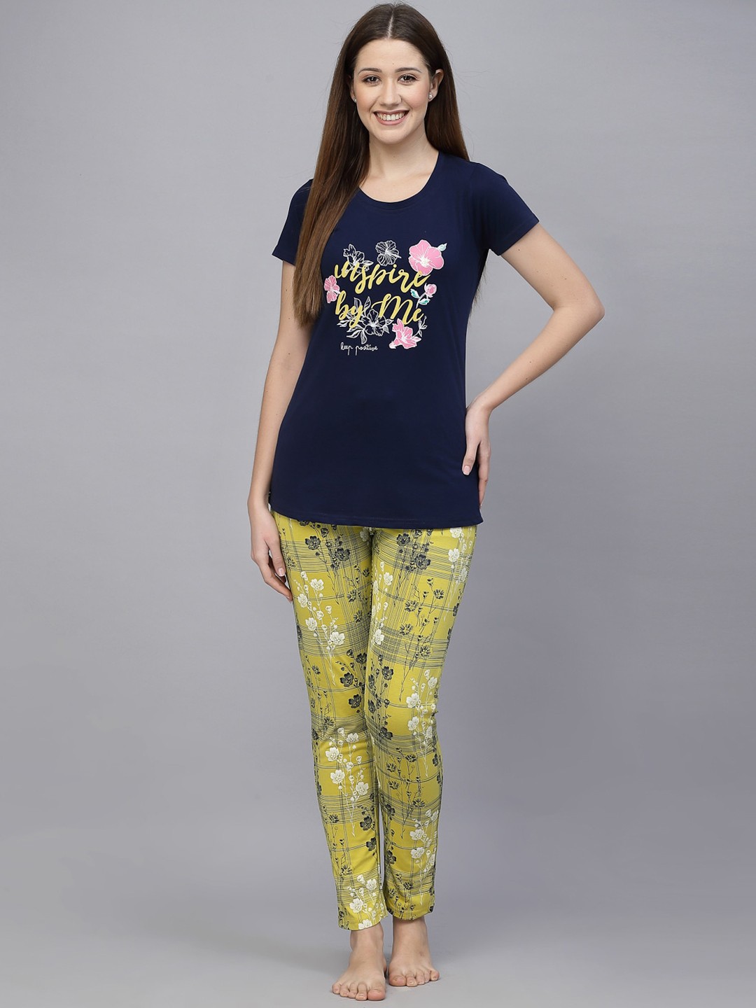 

BROOWL Floral Printed Pure Cotton Night Suit, Blue