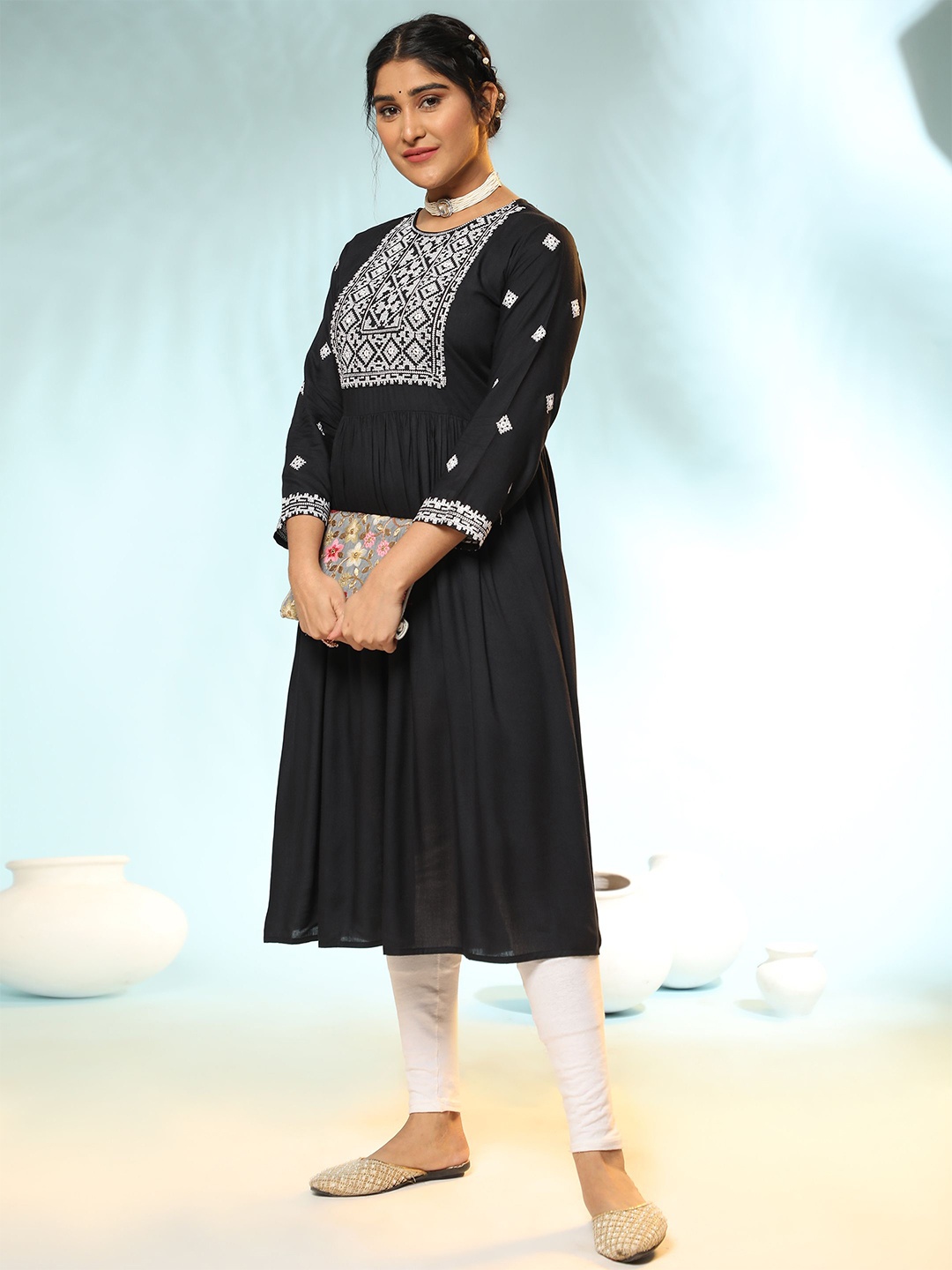

KALINI Women Ethnic Motifs Thread Work Anarkali Kurta, Black