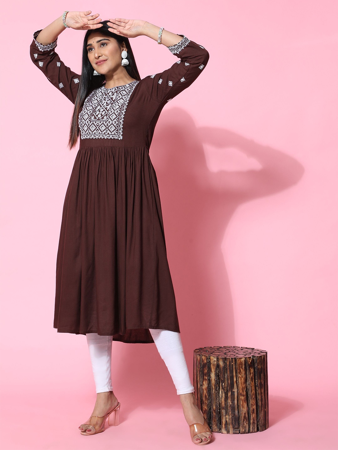 

KALINI Embroired Ethnic Motifs A-Line Kurta, Brown
