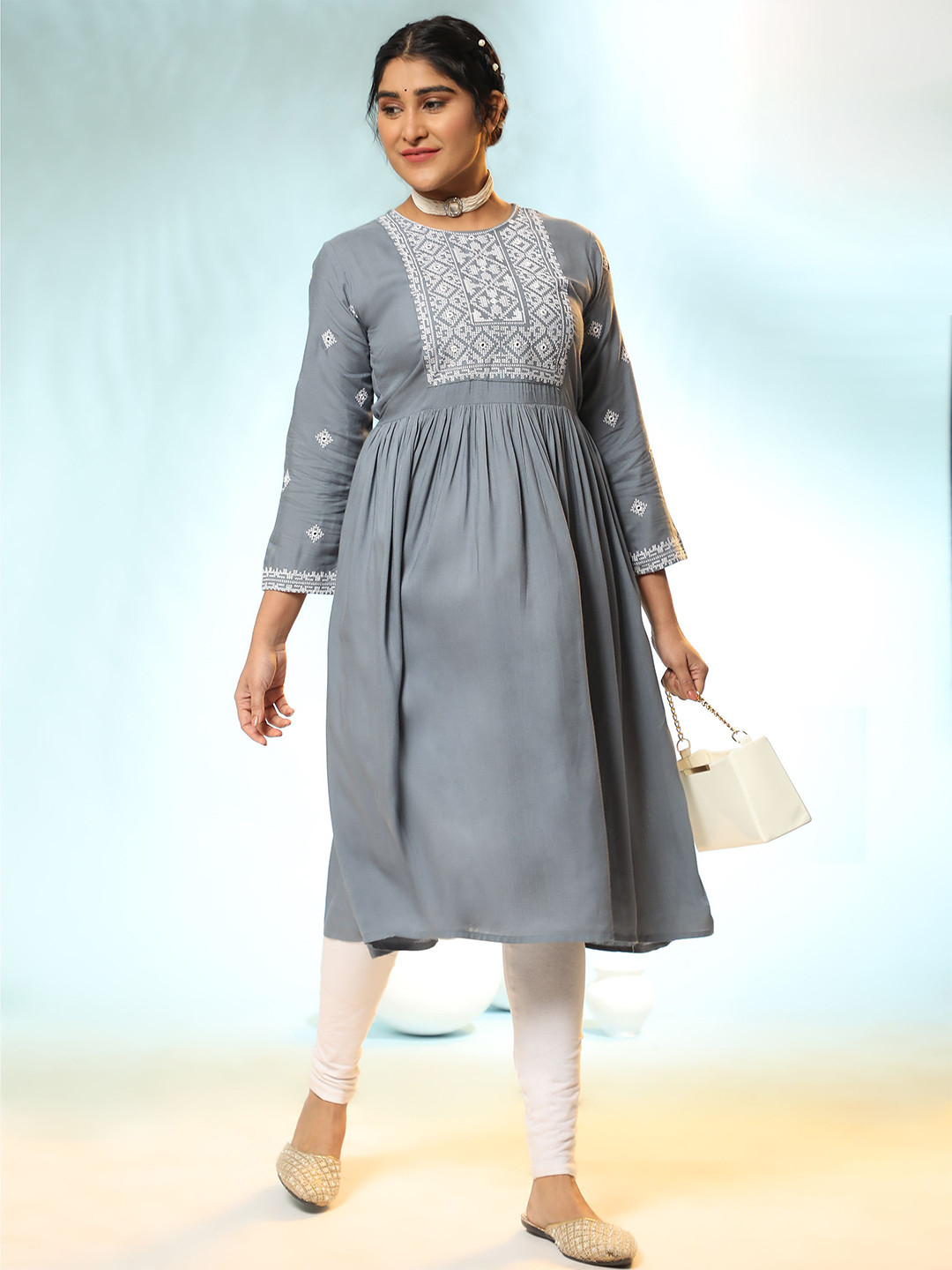

KALINI Ethnic Motifs Embroidered With Gathers A-line Kurta, Grey