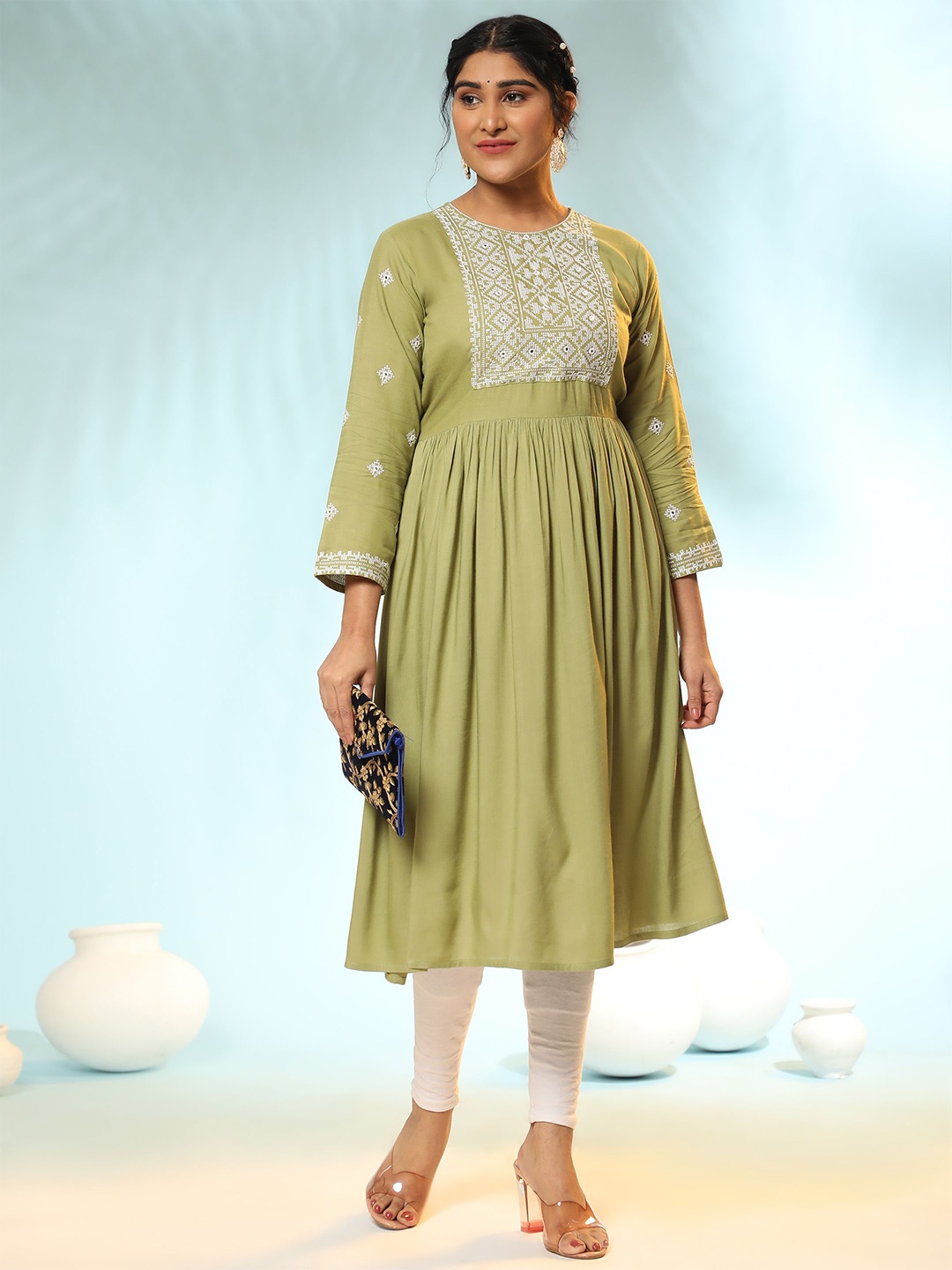 

KALINI Women Green & White Ethnic Motifs Printed Anarkali Kurta
