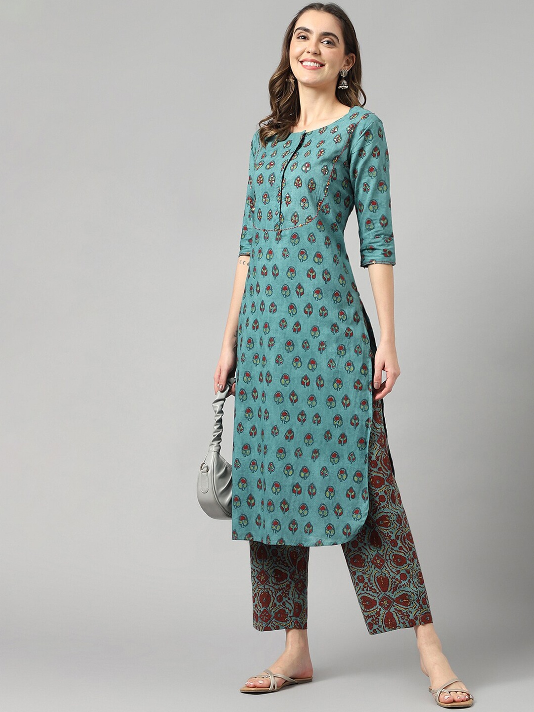 

DECKEDUP Ethnic Motifs Printed Sequined Pure Cotton Kurta with Trousers, Blue