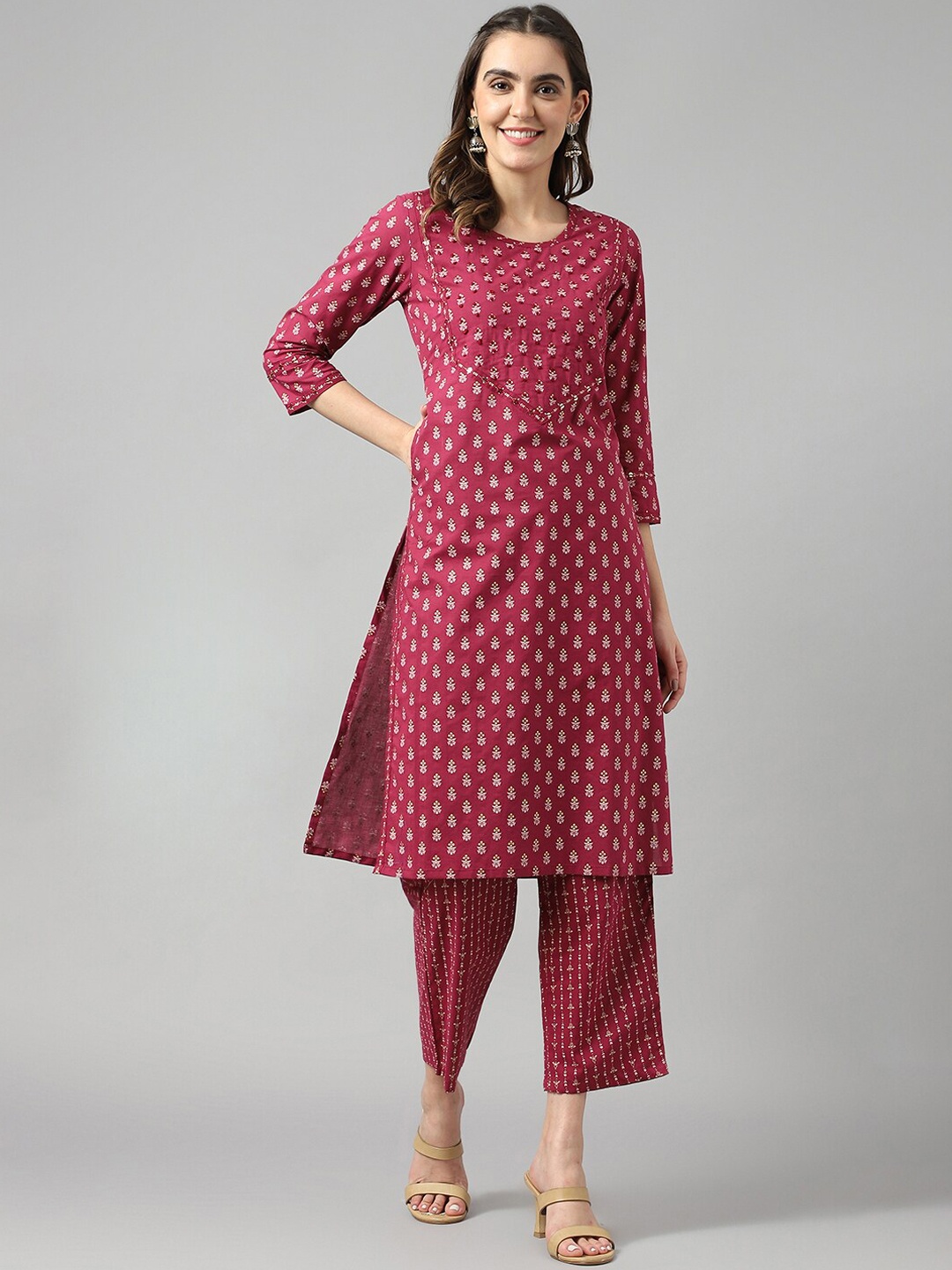 

DECKEDUP Ethnic Motifs Printed Pure Cotton Kurta with Trousers, Red