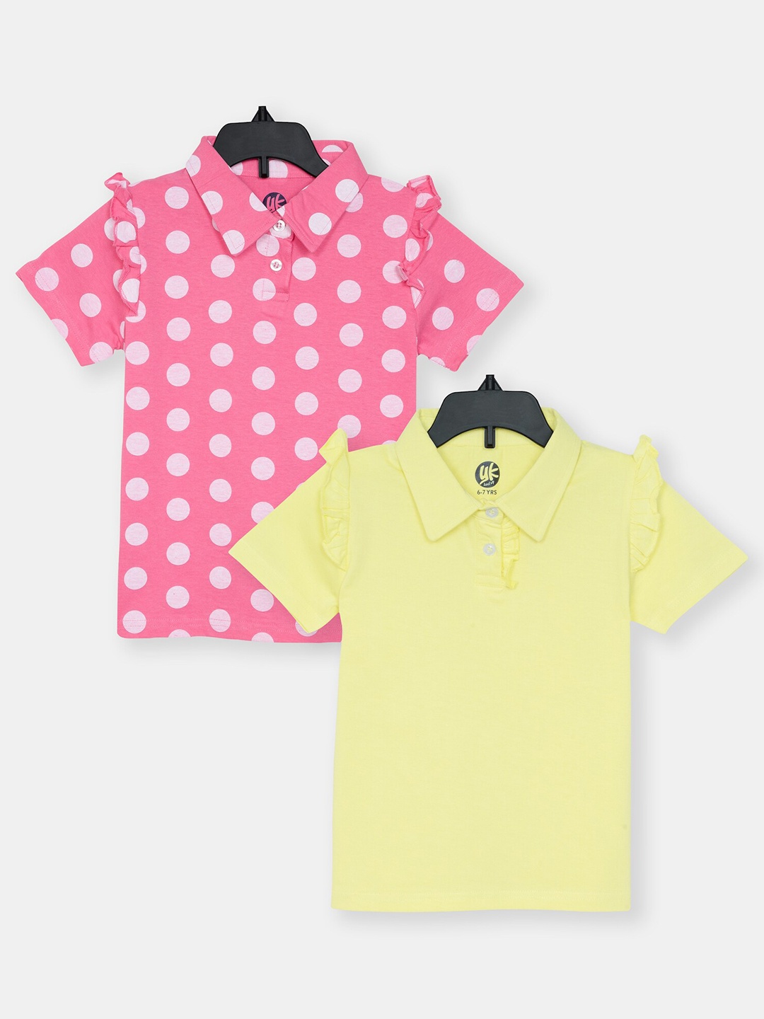 

YK Girls Pack Of 2 Polo Collar Ruffled Pure Cotton T-shirt, Yellow