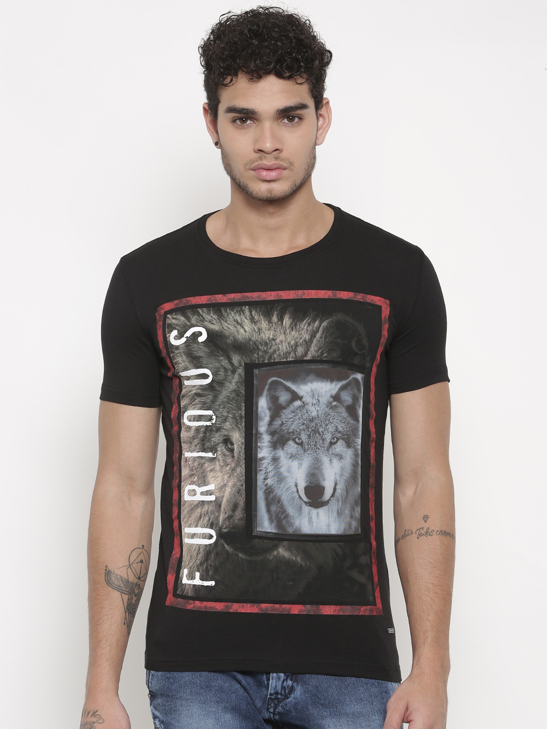 

Status Quo Men Black Printed Slim Fit Round Neck T-shirt