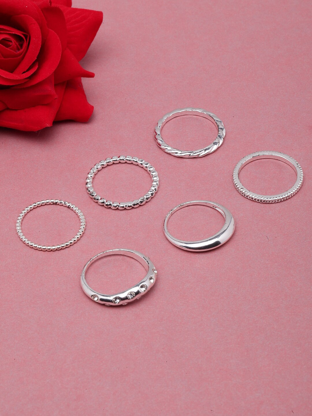 

DIVA WALK Set Of 6 Silver-Plated CZ-Studded Finger Rings