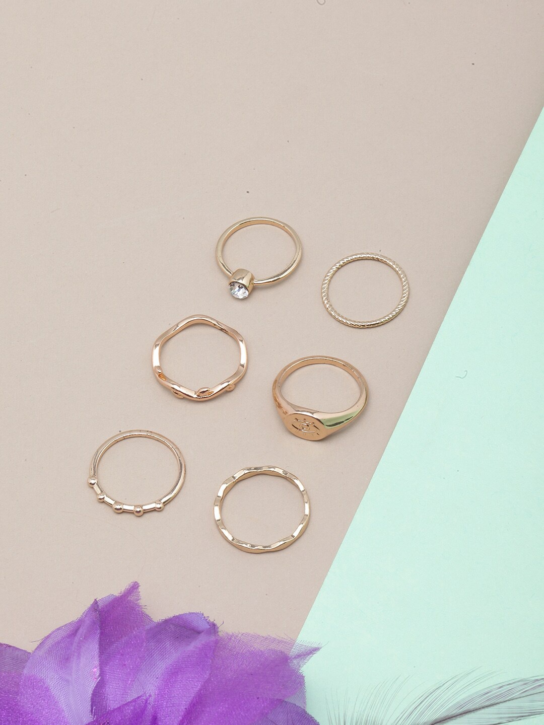 

DIVA WALK Set Of 6 Gold-Plated CZ-Studded Finger Rings, White