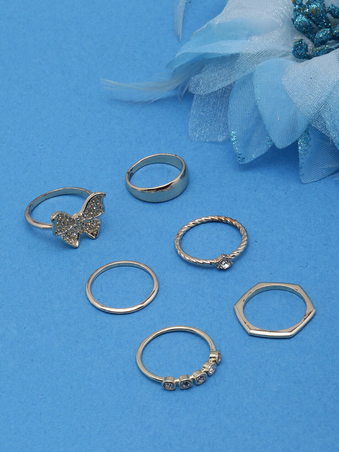 

DIVA WALK Set Of 6 Gold-Plated CZ-Studded Adjustable Finger Rings