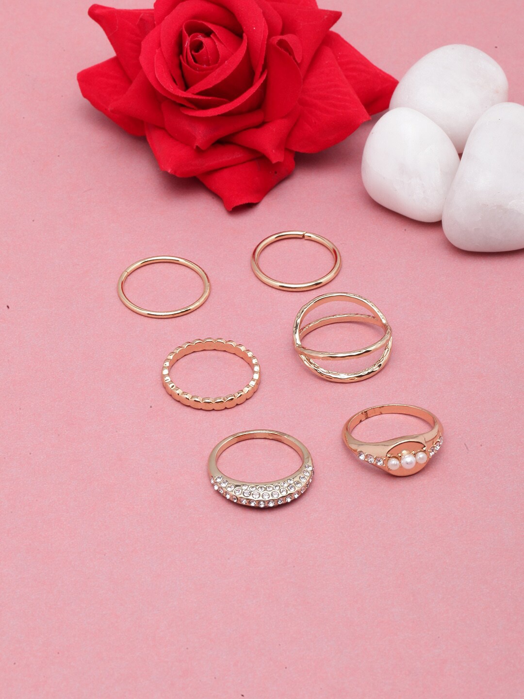 

DIVA WALK Set Of 6 Gold-Plated CZ-Studded Adjustable Finger Rings, White