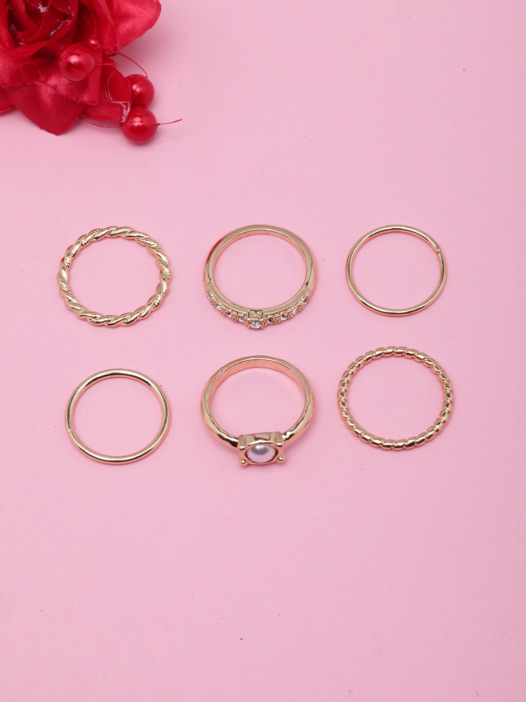 

DIVA WALK Set of 6 Gold-Plated Stone & Pearl Studded Brass Finger Rings