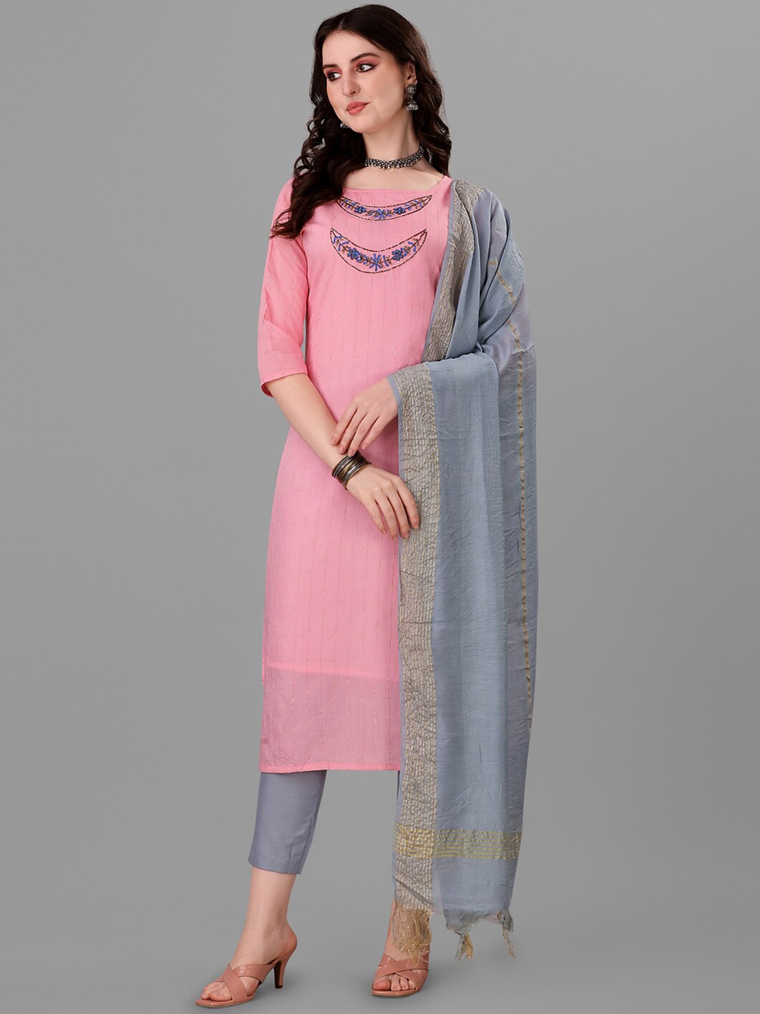 

Angroop Striped Thread Work Straight Kurta with Trousers & Dupatta, Pink