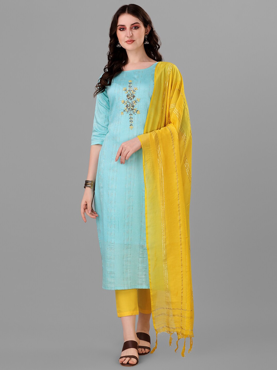 

Angroop Thread Work Pure Cotton Kurta with Trousers & Dupatta, Blue