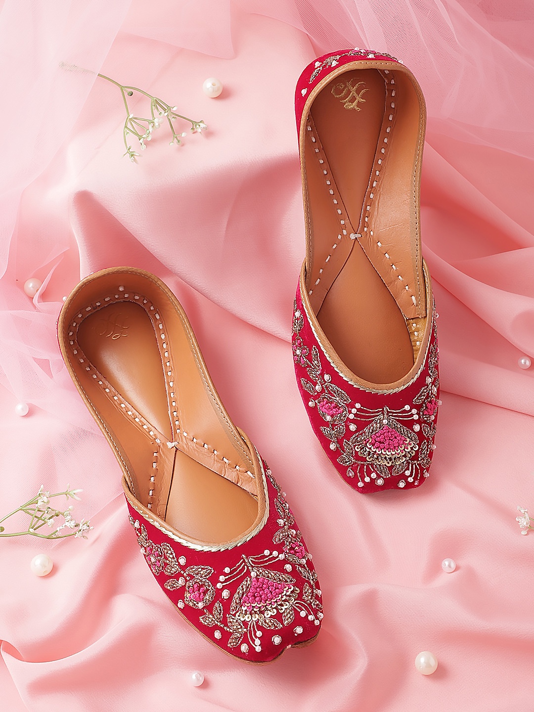 

House of Pataudi Women Handcrafted Embellished Ethnic Mojaris, Fuchsia