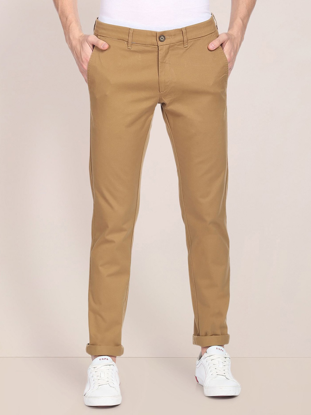 

U.S. Polo Assn. Men Mid-Rise Slim Fit Chinos Trousers, Camel brown