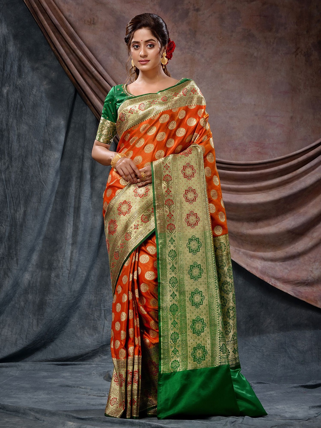 

Charukriti Floral Woven Design Zari Banarasi Saree, Orange