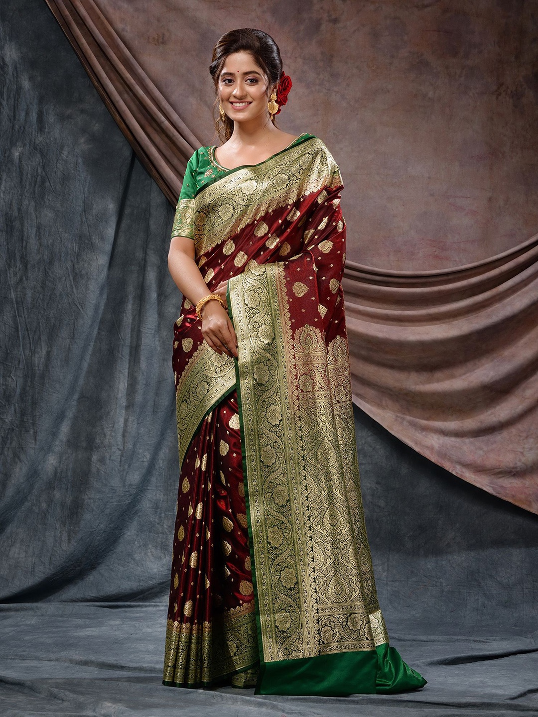 

Charukriti Ethnic Motifs Woven Design Zari Handwoven Katan Silk Banarasi Saree, Maroon
