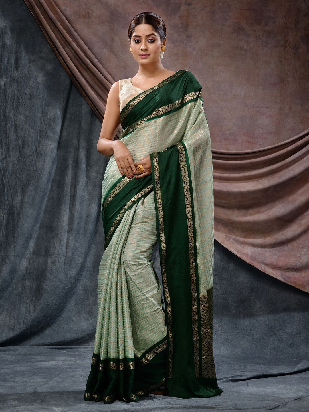 

Charukriti Striped Woven Design Zari Banarasi Saree, Sea green