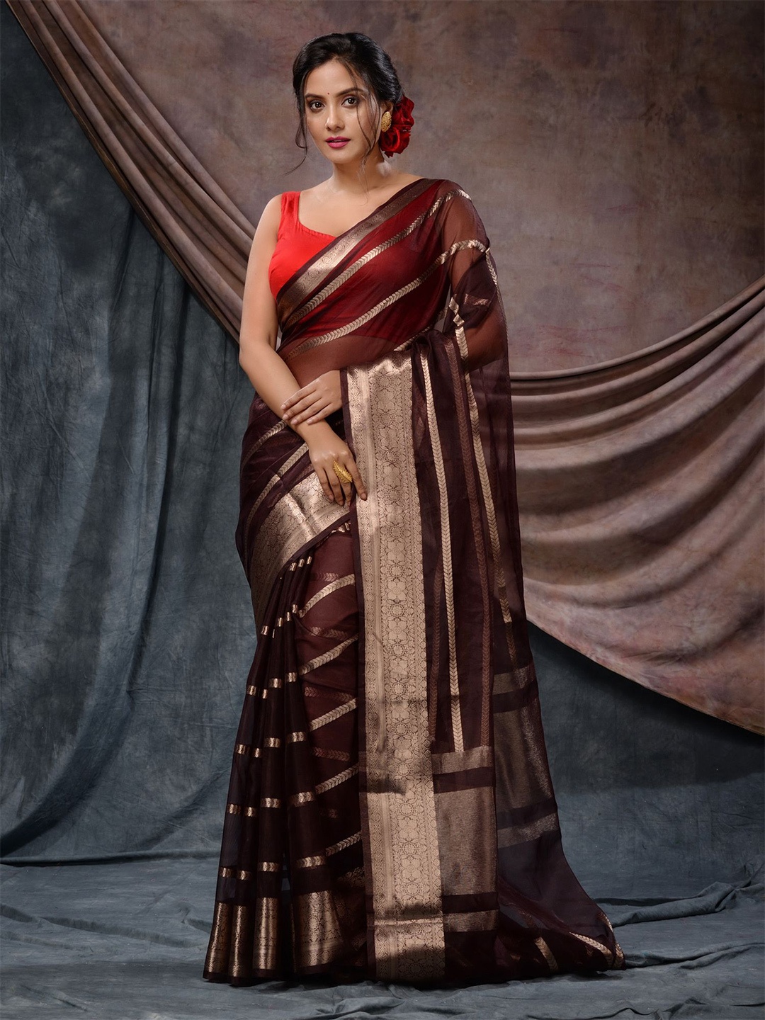 

Charukriti Striped Woven Design Zari Organza Saree, Brown