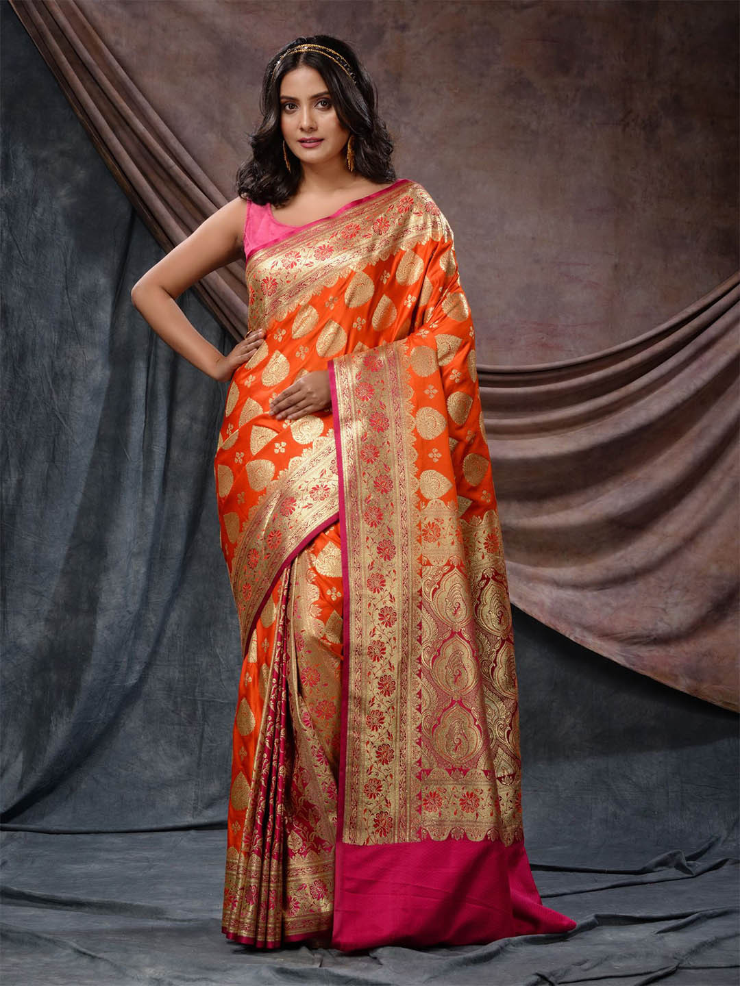

Charukriti Floral Woven Design Zari Handwoven Katan Silk Banarasi Saree, Orange