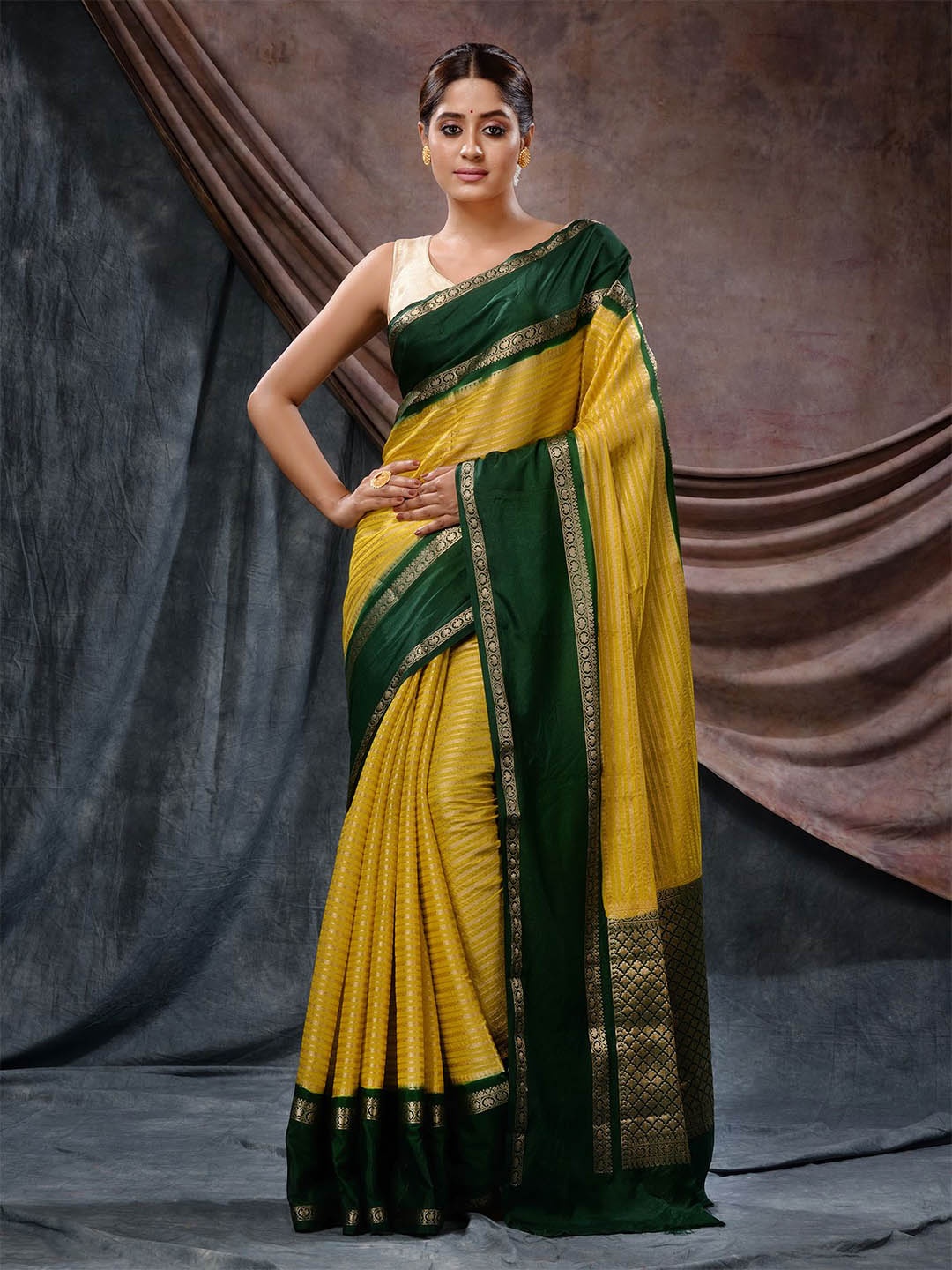 

Charukriti Striped Zari Banarasi Saree, Yellow