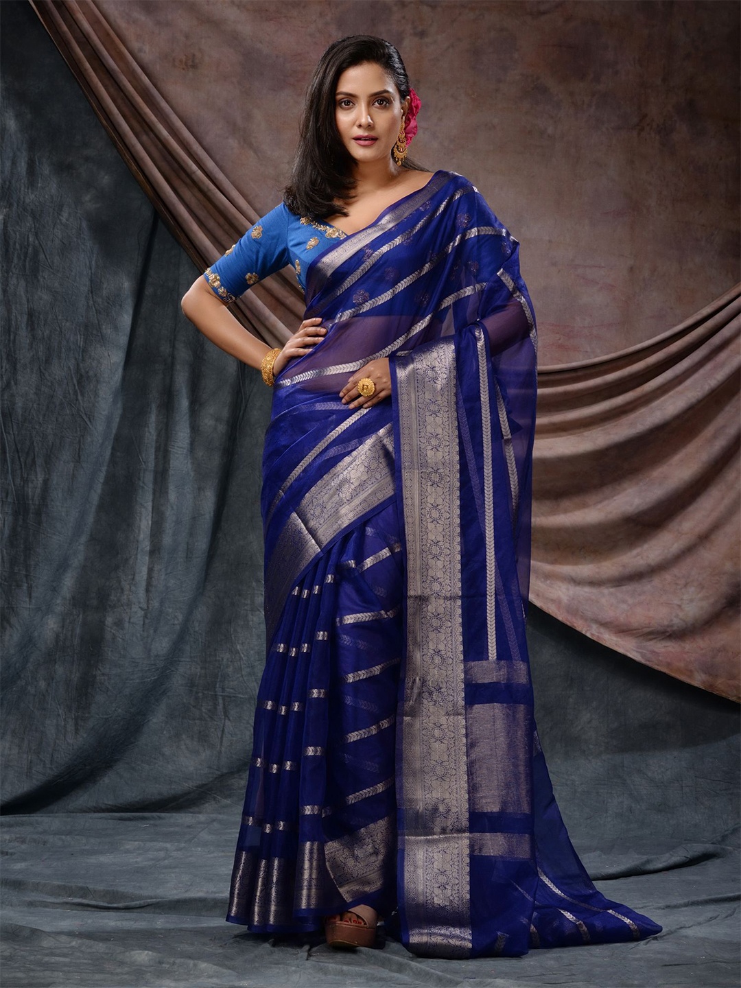 

Charukriti Striped Woven Design Zari Saree, Blue