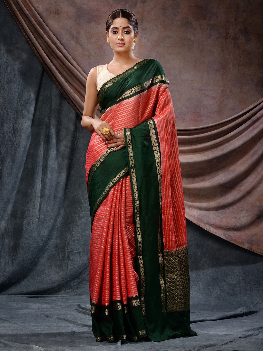 

Charukriti Striped Woven Design Zari Silk Blend Banarasi Saree, Red