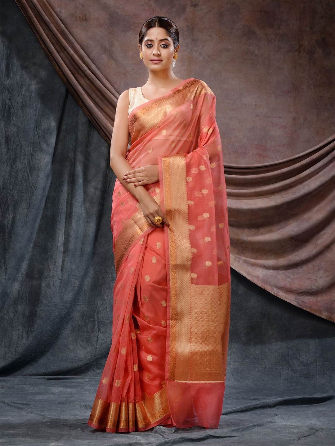 

Charukriti Floral Woven Design Zari Organza Saree, Pink