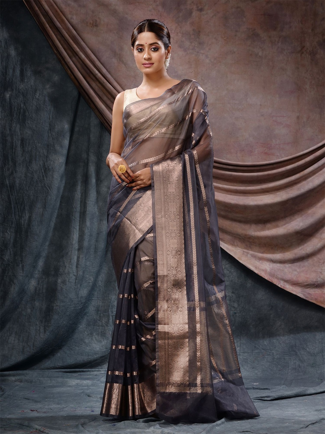 

Charukriti Striped Woven Design Zari Organza Saree, Grey