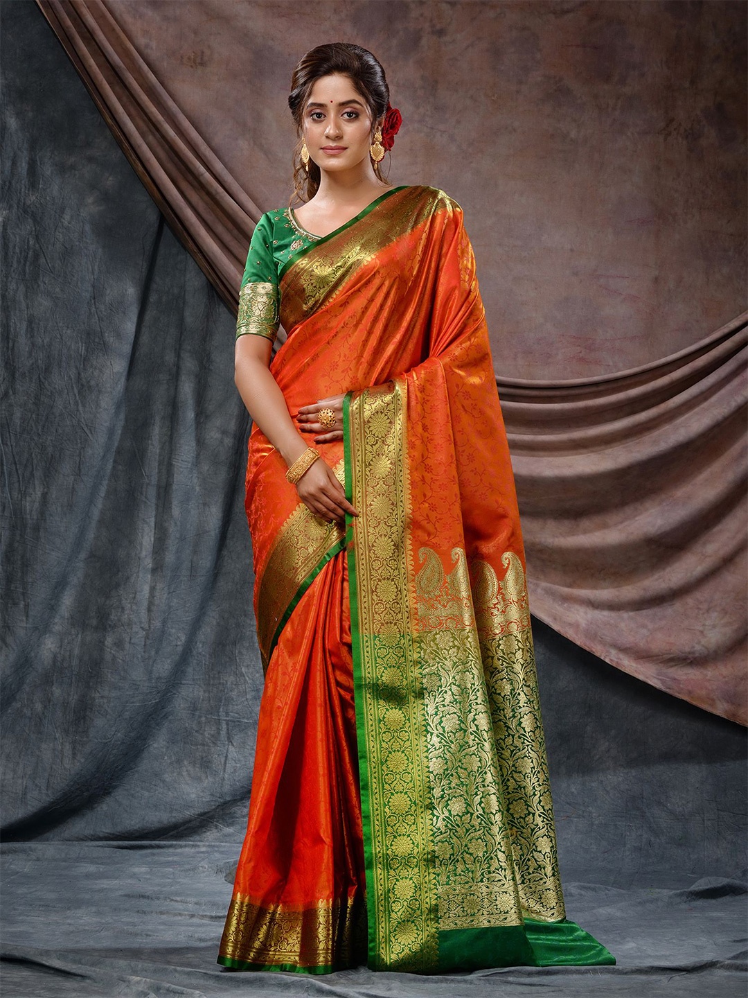 

Charukriti Floral Woven Design Zari Saree, Orange