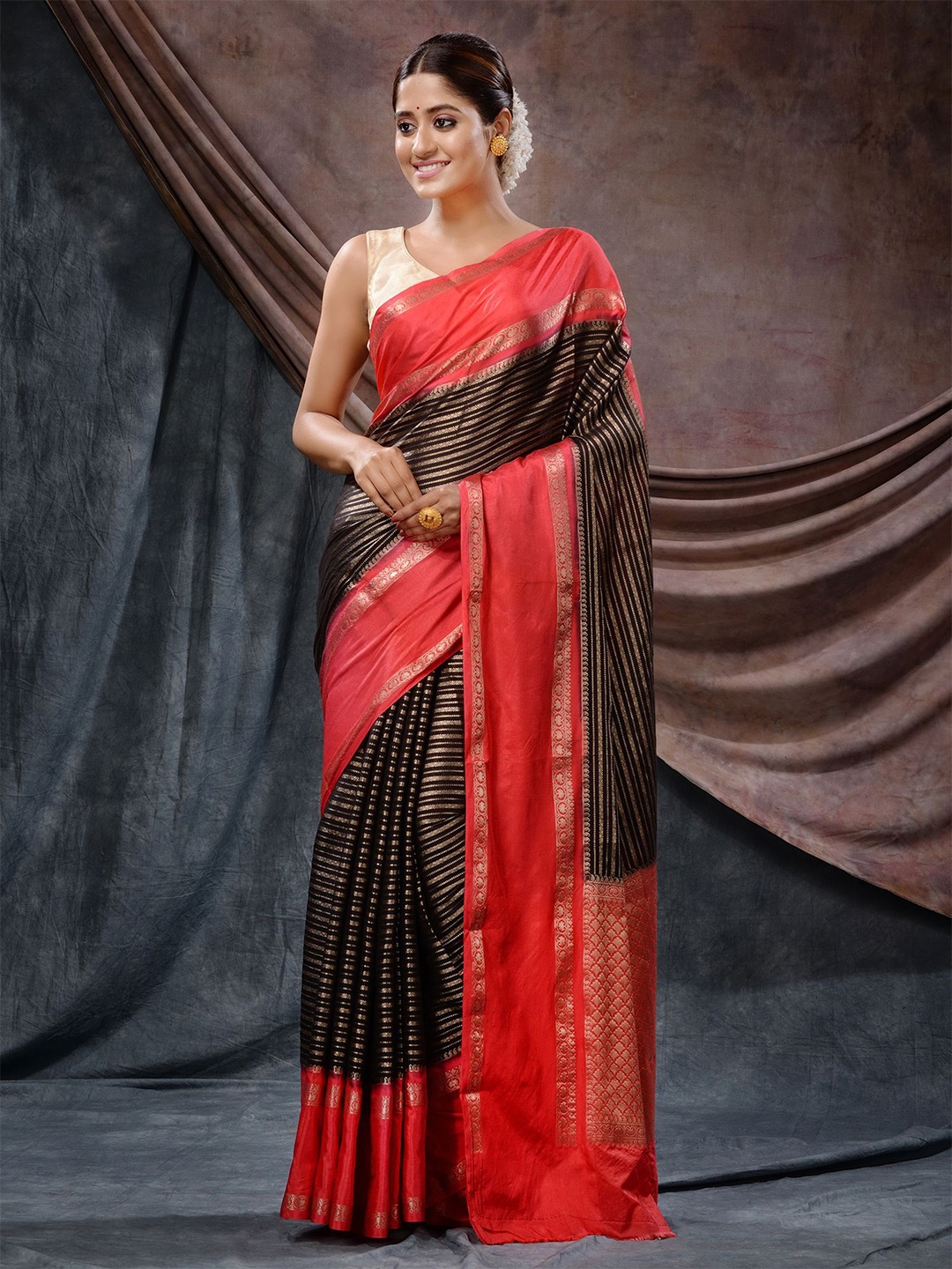 

Charukriti Striped Woven Design Zari Banarasi Saree, Black