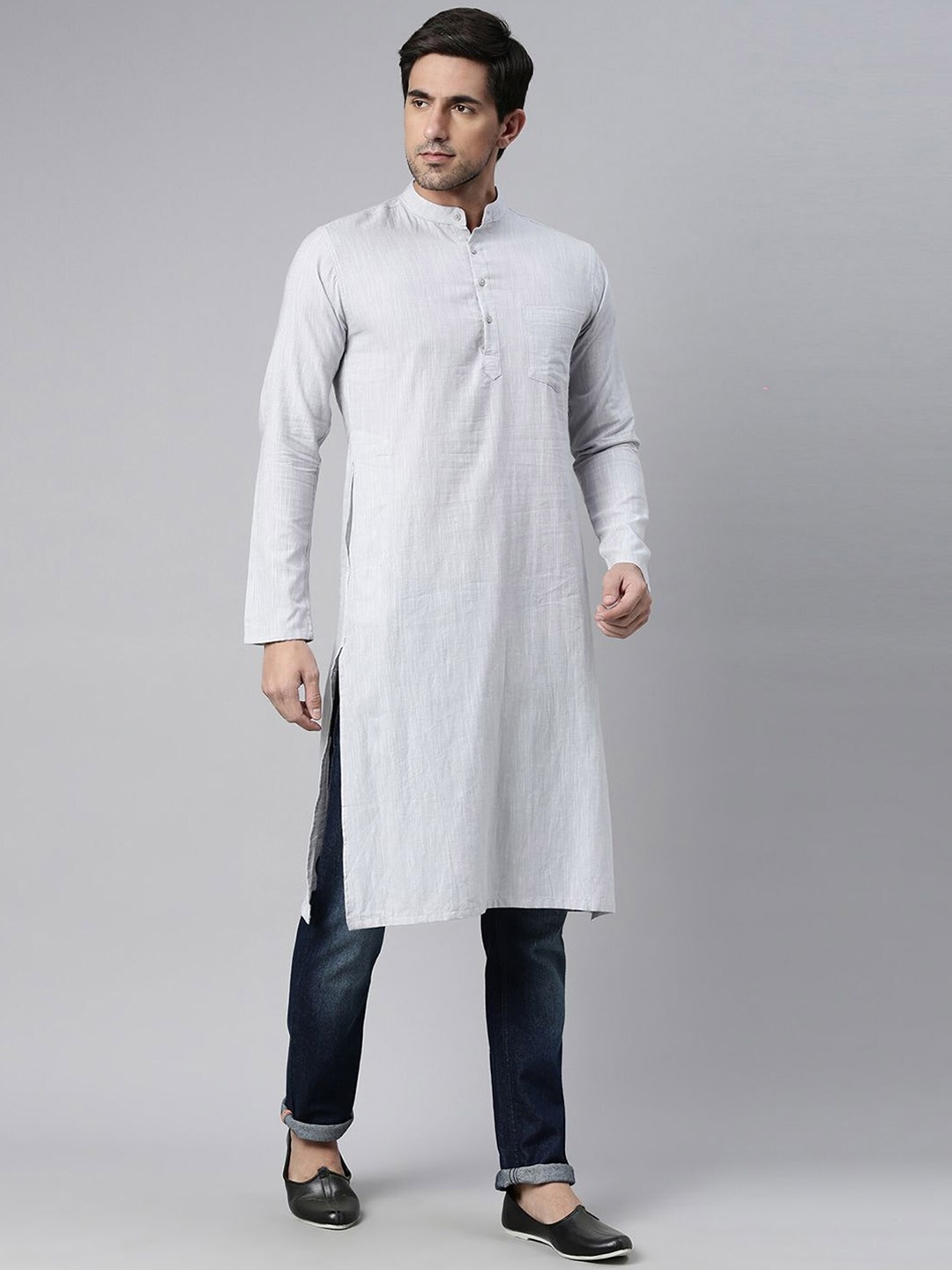 

Kryptic Mandarin Collar Cotton Long Sleeves Straight Kurta, Grey