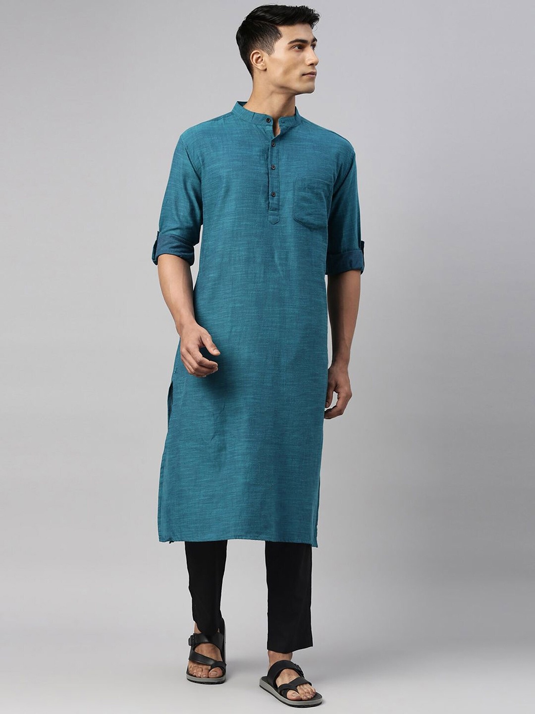 

Kryptic Mandarin Collar Cotton Roll-Up Sleeves Straight Kurta, Teal