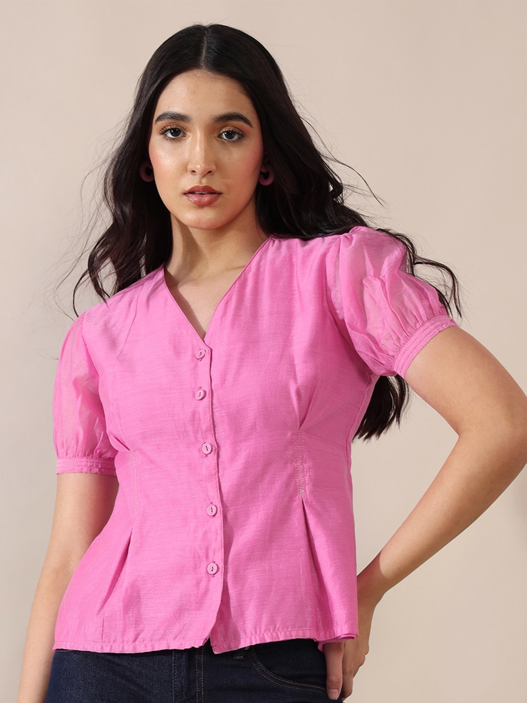 

Saaki Puff Sleeves Pleated Shirt Style Top, Pink