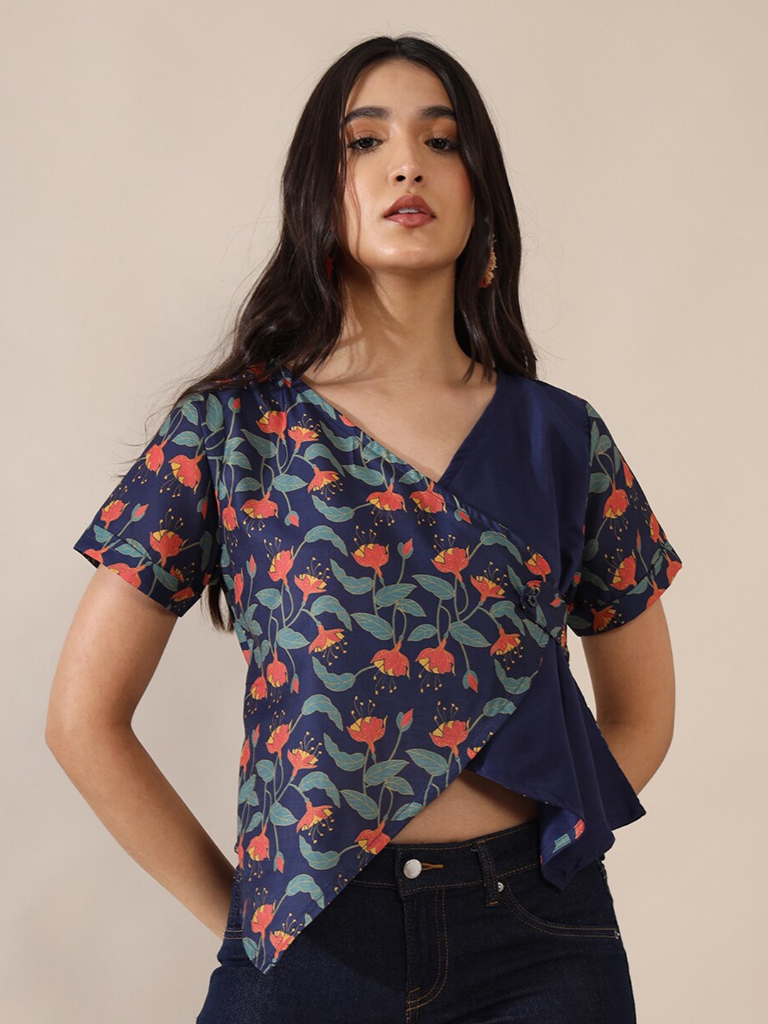 

Saaki Overlap Asymmetric Floral Printed Wrap Top, Navy blue