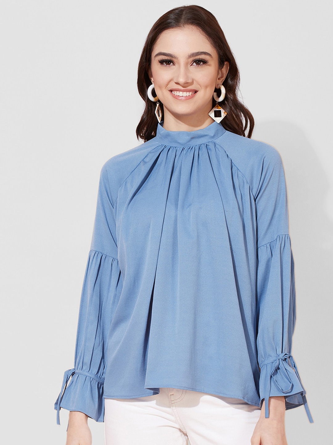 

Selvia High Neck Raglan Sleeves Georgette Top, Blue