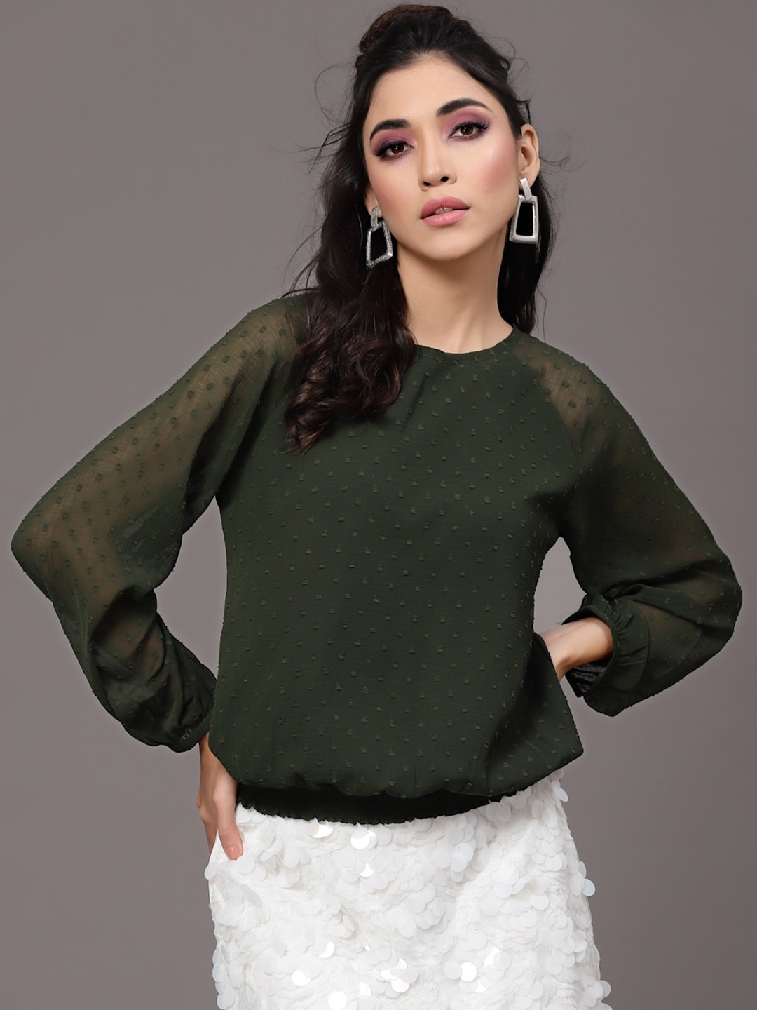 

Selvia Self Design Raglan Sleeves Chiffon Blouson Top, Green
