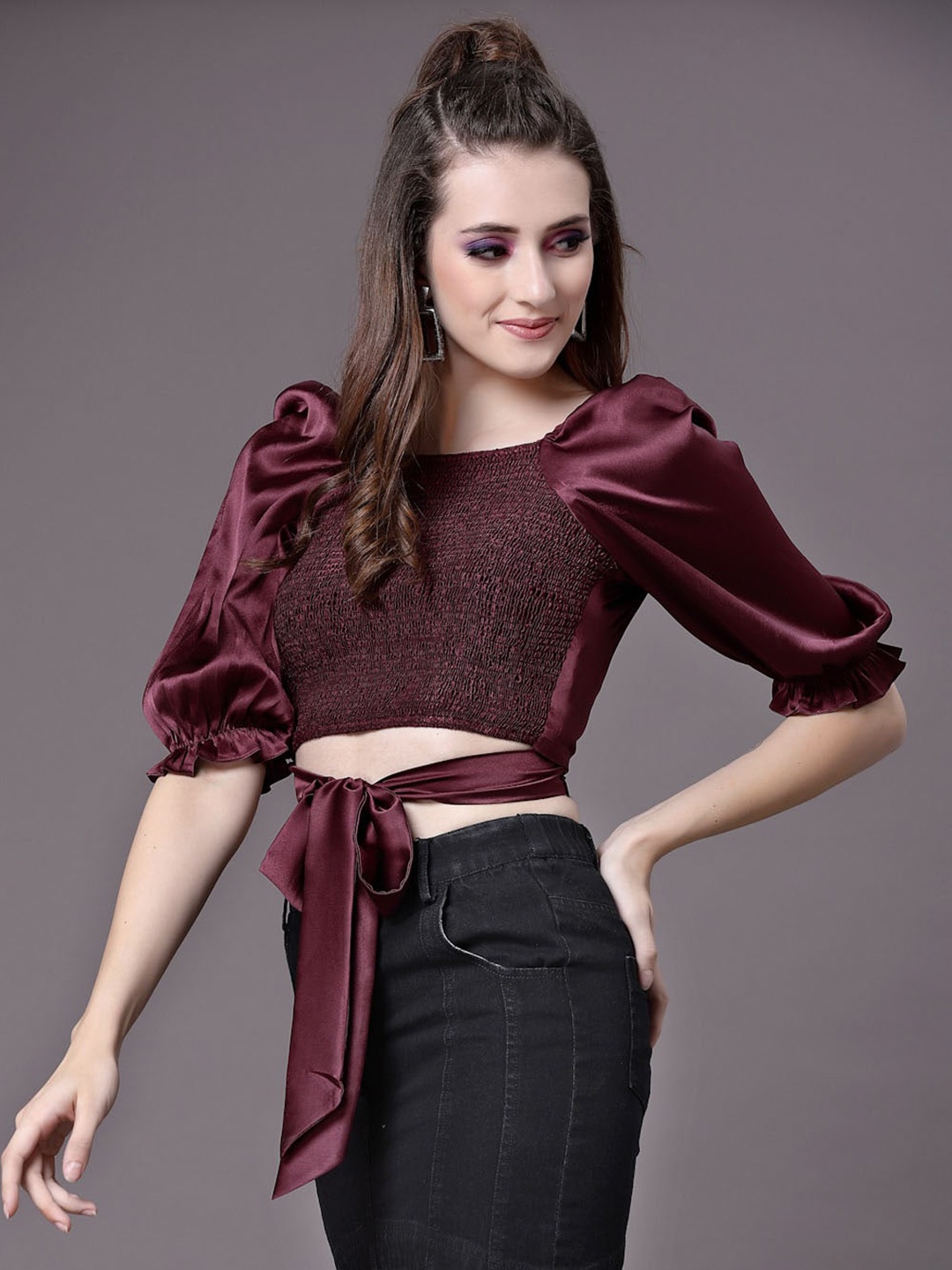 

Selvia Satin Smocked Puff Sleeves Crop Top, Pink