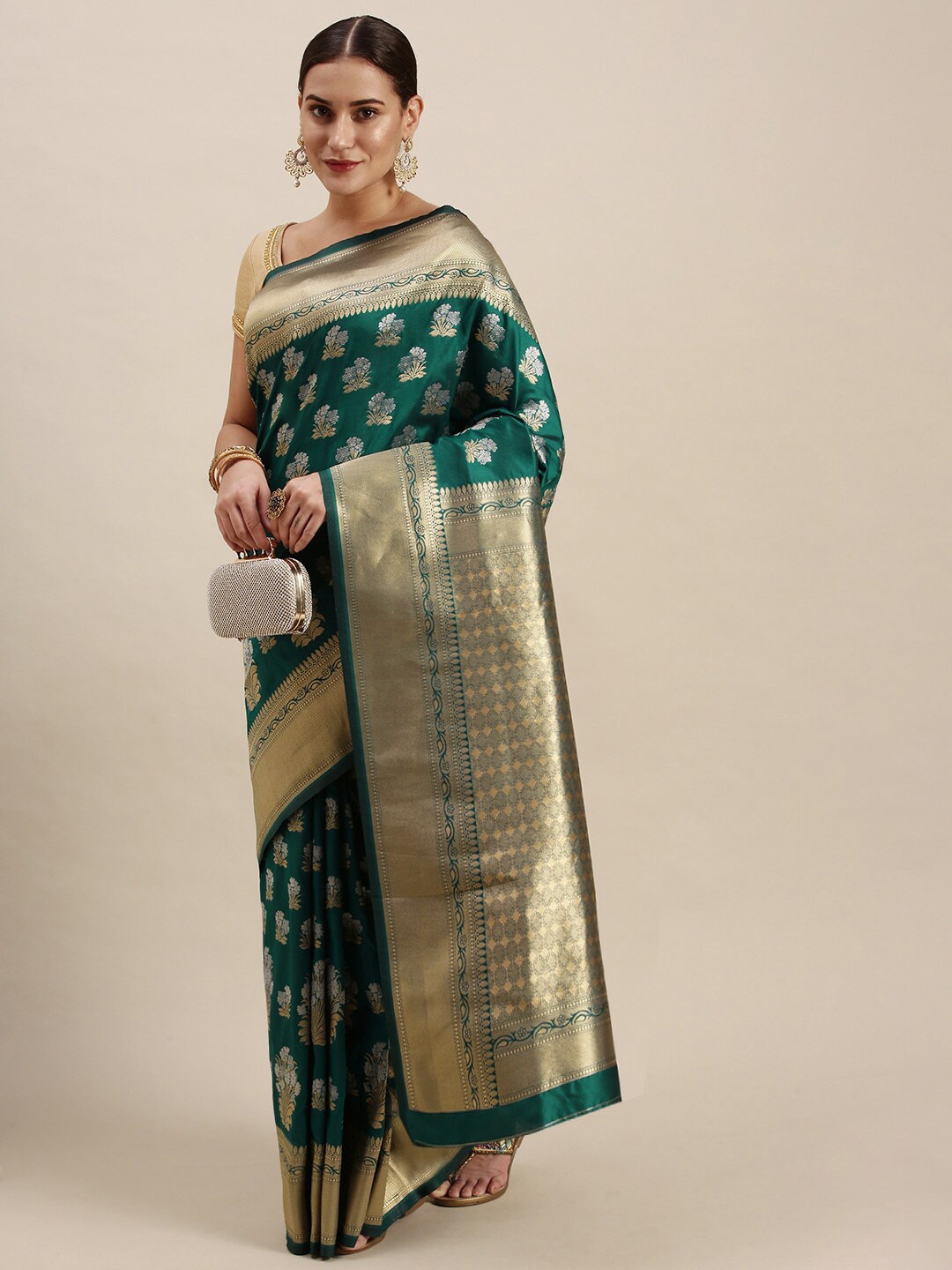 

Royal Rajgharana Saree Floral Motif Woven Design Zari Banarasi Sarees, Teal