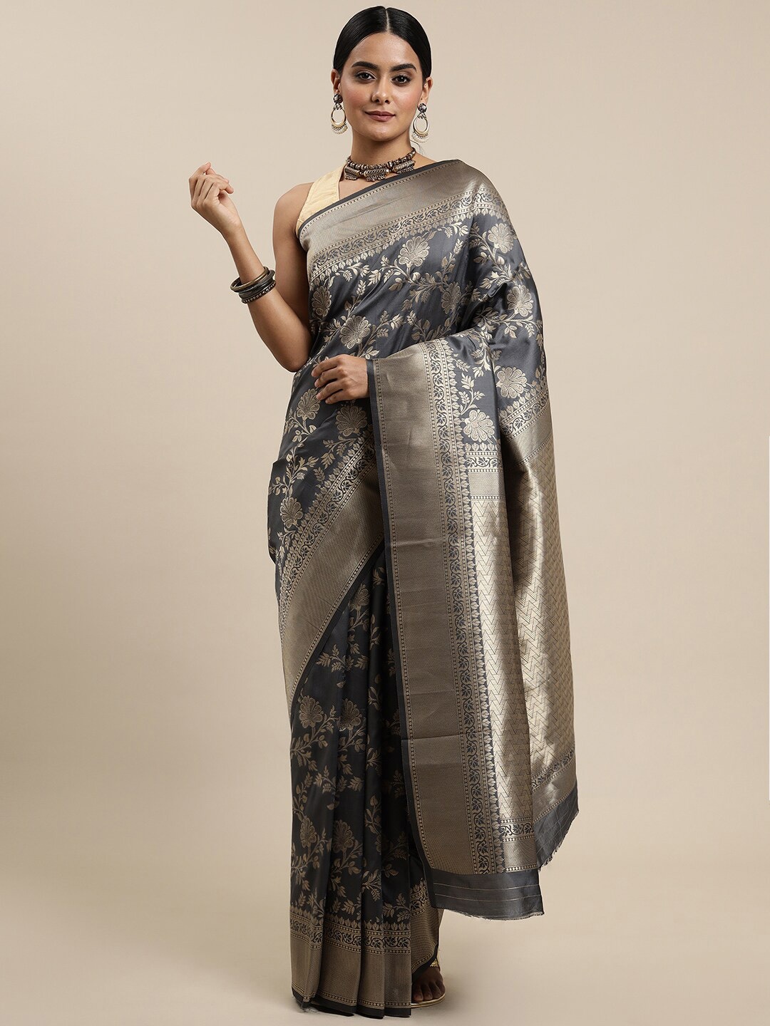 

Royal Rajgharana Saree Ethnic Motifs Woven Design Zari Banarasi Sarees, Grey