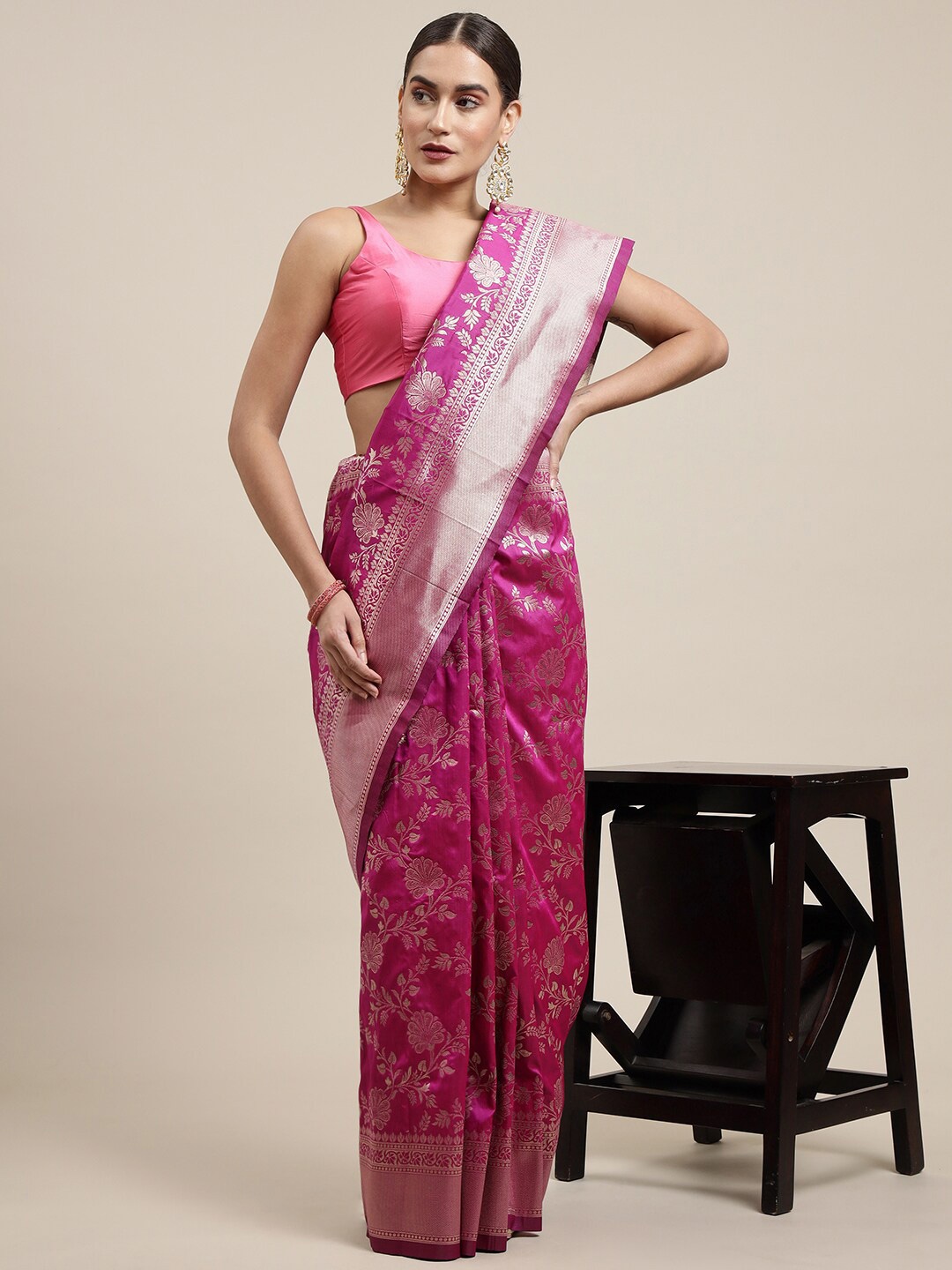 

Royal Rajgharana Saree Floral Woven Design Zari Banarasi Sarees, Pink