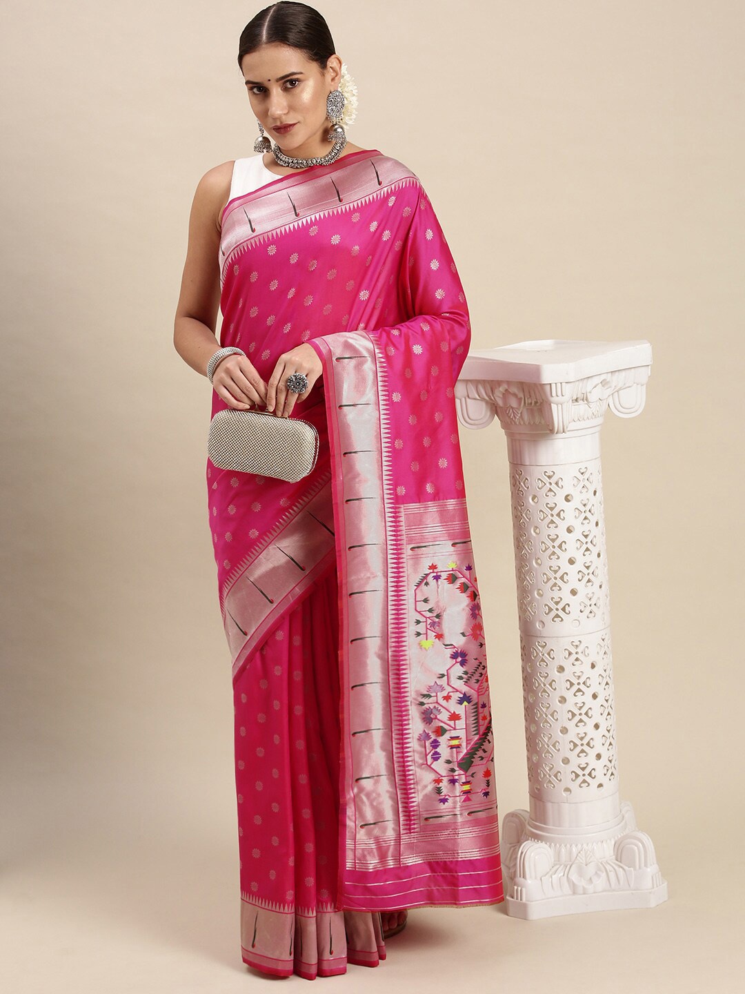 

Royal Rajgharana Saree Ethnic Motifs Woven Design Zari Banarasi Sarees, Pink