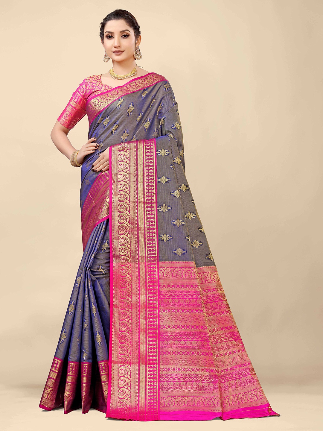 

Royal Rajgharana Saree Ethnic Motifs Woven Design Zari Banarasi Sarees, Navy blue