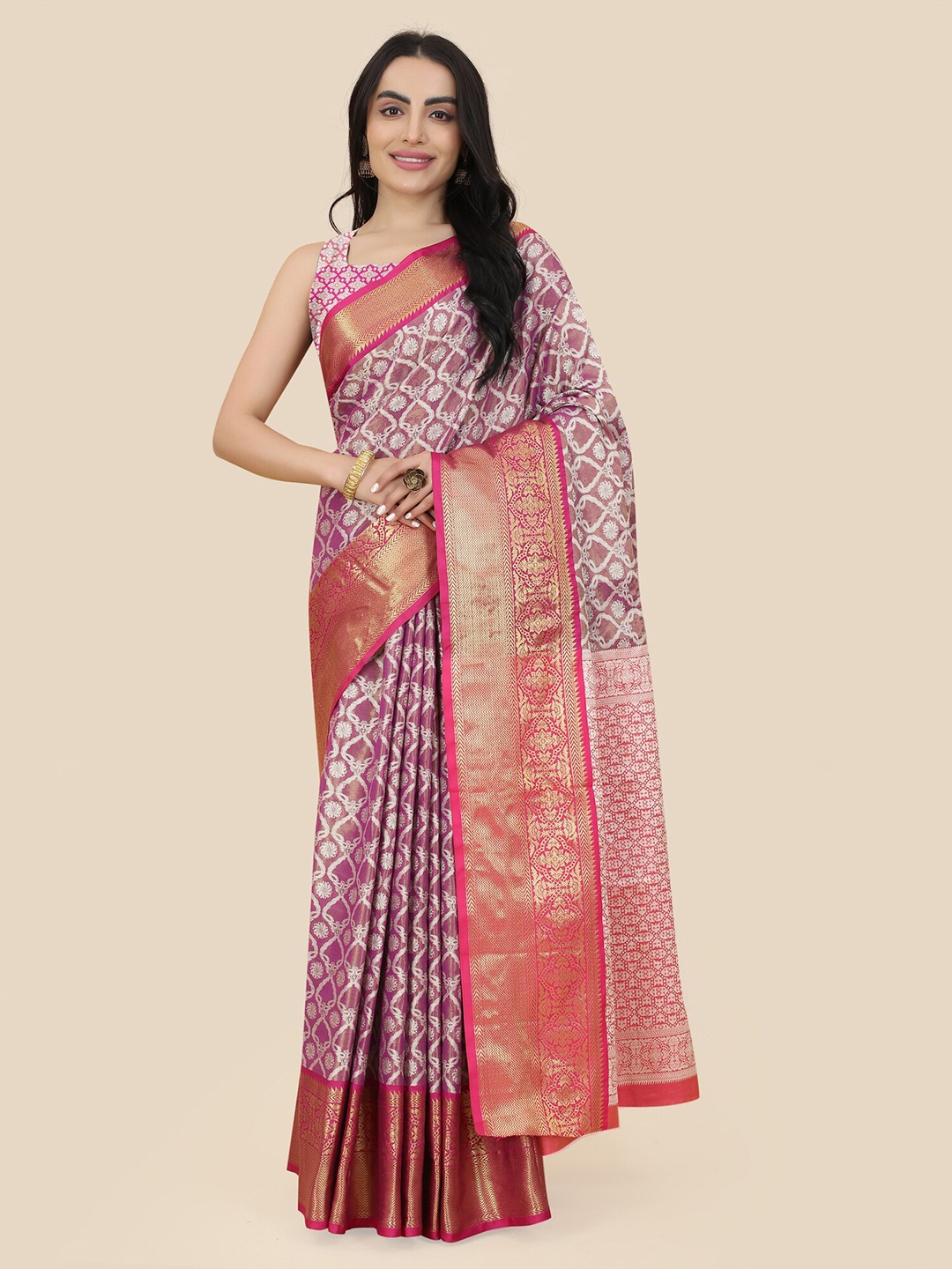 

Royal Rajgharana Saree Floral Motif Woven Design Zari Banarasi Sarees, Purple